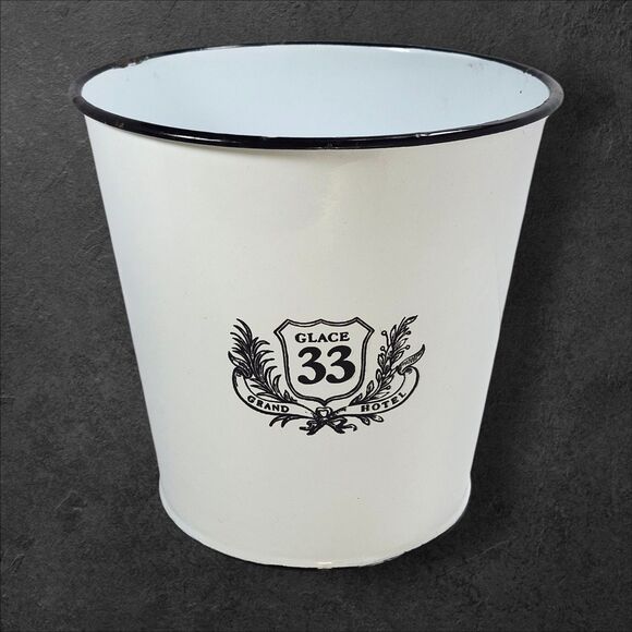 Vintage Enamel “Glace 33 Grand Hotel” Ice Bucket White Black Rim Barware - Picture 2 of 10